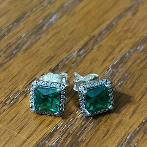 Pandora Square Halo Sterling Silver Earrings Color: Green Condition: Good